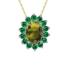 Eda Kolye - Peridot ve yeşil kuvars 8 ayar beyaz altın kolye (40 cm altın rolo zincir) #1317603