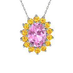 Pembe kuvars ve sitrin 925 ayar gümüş kolye (40 cm beyaz altın rolo zincir)