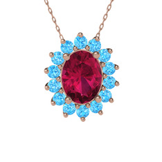 Rodolit garnet ve akuamarin 8 ayar rose altın kolye (40 cm gümüş rolo zincir)