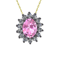 Eda Kolye - Pembe kuvars ve swarovski 925 ayar siyah rodyum kaplama gümüş kolye (40 cm altın rolo zincir) #147nv39