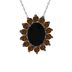 Eda Kolye - Siyah zirkon ve dumanlı kuvars 925 ayar siyah rodyum kaplama gümüş kolye (40 cm beyaz altın rolo zincir) #149udp