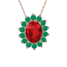 Garnet ve kök zümrüt 14 ayar rose altın kolye (40 cm rose altın rolo zincir)