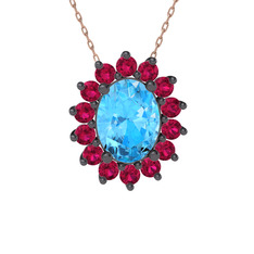 Eda Kolye - Akuamarin ve rodolit garnet 925 ayar siyah rodyum kaplama gümüş kolye (40 cm rose altın rolo zincir) #15hekak