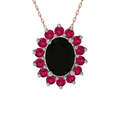 Siyah zirkon ve rodolit garnet 18 ayar beyaz altın kolye (40 cm rose altın rolo zincir)