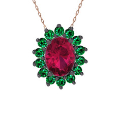 Eda Kolye - Rodolit garnet ve yeşil kuvars 925 ayar siyah rodyum kaplama gümüş kolye (40 cm rose altın rolo zincir) #15vzrh4