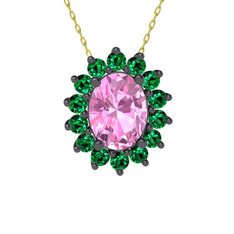 Eda Kolye - Pembe kuvars ve yeşil kuvars 925 ayar siyah rodyum kaplama gümüş kolye (40 cm altın rolo zincir) #161rex8