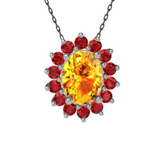 Eda Kolye - Sitrin ve garnet 8 ayar beyaz altın kolye (40 cm gümüş rolo zincir) #16765h2