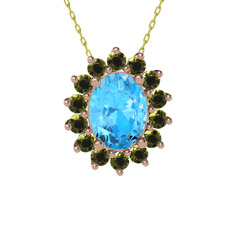 Akuamarin ve peridot 14 ayar rose altın kolye (40 cm gümüş rolo zincir)