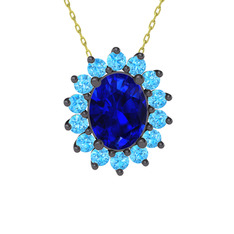 Eda Kolye - Lab safir ve akuamarin 925 ayar siyah rodyum kaplama gümüş kolye (40 cm gümüş rolo zincir) #16qwrey