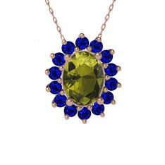 Peridot ve lab safir 18 ayar rose altın kolye (40 cm rose altın rolo zincir)