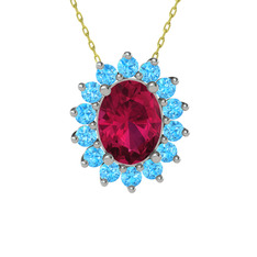 Rodolit garnet ve akuamarin 925 ayar gümüş kolye (40 cm altın rolo zincir)