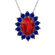 Eda Kolye - Garnet ve lab safir 925 ayar siyah rodyum kaplama gümüş kolye (40 cm beyaz altın rolo zincir) #181elvb