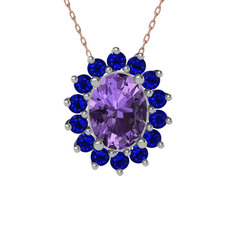 Eda Kolye - Ametist ve lab safir 14 ayar beyaz altın kolye (40 cm rose altın rolo zincir) #182jmde