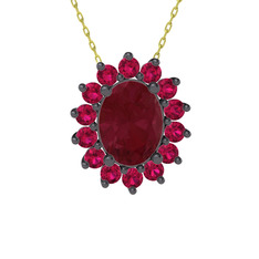 Kök yakut ve rodolit garnet 925 ayar siyah rodyum kaplama gümüş kolye (40 cm altın rolo zincir)