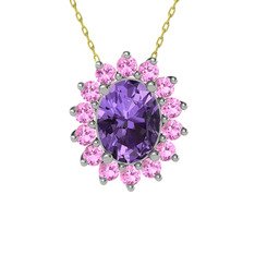 Eda Kolye - Ametist ve pembe kuvars 8 ayar beyaz altın kolye (40 cm altın rolo zincir) #19e791s