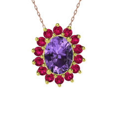 Ametist ve rodolit garnet 8 ayar altın kolye (40 cm gümüş rolo zincir)