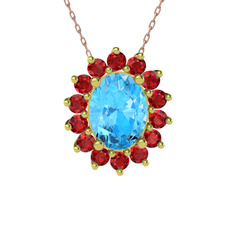 Akuamarin ve garnet 18 ayar altın kolye (40 cm rose altın rolo zincir)