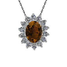 Dumanlı kuvars ve swarovski 14 ayar beyaz altın kolye (40 cm gümüş rolo zincir)