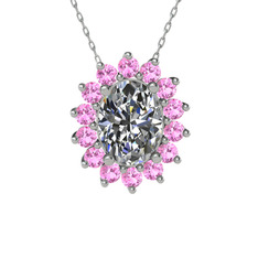 Eda Kolye - Swarovski ve pembe kuvars 14 ayar beyaz altın kolye (40 cm beyaz altın rolo zincir) #1c9f6be