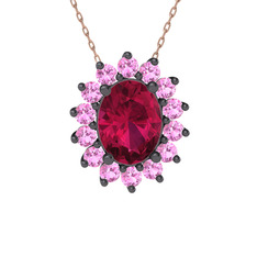Eda Kolye - Rodolit garnet ve pembe kuvars 925 ayar siyah rodyum kaplama gümüş kolye (40 cm rose altın rolo zincir) #1ca347h