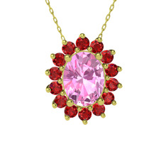Pembe kuvars ve garnet 925 ayar altın kaplama gümüş kolye (40 cm altın rolo zincir)