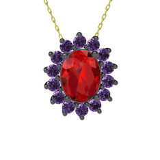 Eda Kolye - Garnet ve ametist 925 ayar siyah rodyum kaplama gümüş kolye (40 cm altın rolo zincir) #1dva99d