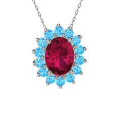 Rodolit garnet ve akuamarin 18 ayar beyaz altın kolye (40 cm gümüş rolo zincir)