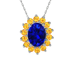 Lab safir ve sitrin 925 ayar gümüş kolye (40 cm beyaz altın rolo zincir)