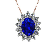 Lab safir ve pırlanta 18 ayar beyaz altın kolye (0.504 karat, 40 cm rose altın rolo zincir)