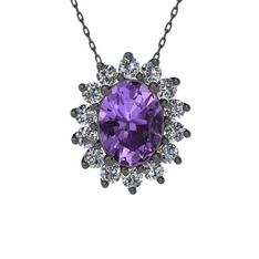 Eda Kolye - Ametist ve pırlanta 925 ayar siyah rodyum kaplama gümüş kolye (0.504 karat, 40 cm gümüş rolo zincir) #1gbnvbl