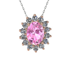 Eda Kolye - Pembe kuvars ve pırlanta 14 ayar rose altın kolye (0.504 karat, 40 cm beyaz altın rolo zincir) #1gin9u7