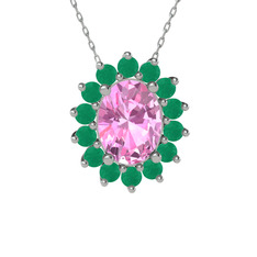 Eda Kolye - Pembe kuvars ve kök zümrüt 8 ayar beyaz altın kolye (40 cm gümüş rolo zincir) #1imfzw7