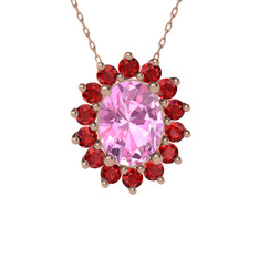 Pembe kuvars ve garnet 925 ayar rose altın kaplama gümüş kolye (40 cm rose altın rolo zincir)