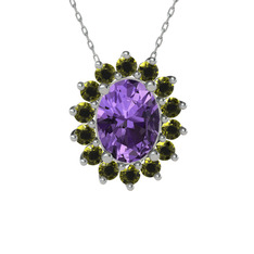 Ametist ve peridot 18 ayar beyaz altın kolye (40 cm gümüş rolo zincir)