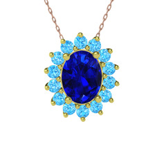 Lab safir ve akuamarin 18 ayar altın kolye (40 cm gümüş rolo zincir)