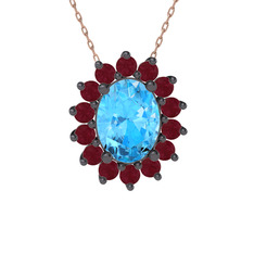 Eda Kolye - Akuamarin ve kök yakut 925 ayar siyah rodyum kaplama gümüş kolye (40 cm rose altın rolo zincir) #1k1vyv0