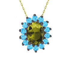 Eda Kolye - Peridot ve akuamarin 925 ayar siyah rodyum kaplama gümüş kolye (40 cm altın rolo zincir) #1k28ukc