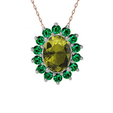 Peridot ve yeşil kuvars 8 ayar beyaz altın kolye (40 cm gümüş rolo zincir)