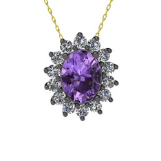 Eda Kolye - Ametist ve swarovski 925 ayar siyah rodyum kaplama gümüş kolye (40 cm altın rolo zincir) #1kbk6ve