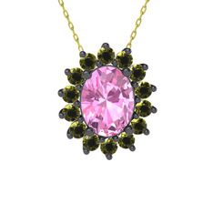 Eda Kolye - Pembe kuvars ve peridot 925 ayar siyah rodyum kaplama gümüş kolye (40 cm altın rolo zincir) #1lutmex