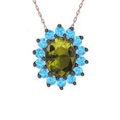 Eda Kolye - Peridot ve akuamarin 925 ayar siyah rodyum kaplama gümüş kolye (40 cm rose altın rolo zincir) #1m2kku4