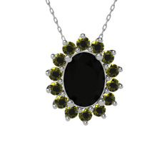 Siyah zirkon ve peridot 14 ayar beyaz altın kolye (40 cm beyaz altın rolo zincir)