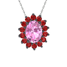 Eda Kolye - Pembe kuvars ve garnet 925 ayar siyah rodyum kaplama gümüş kolye (40 cm beyaz altın rolo zincir) #1nw5dvi