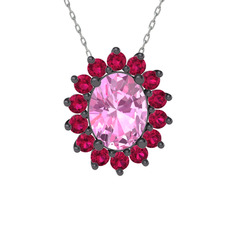 Pembe kuvars ve rodolit garnet 925 ayar siyah rodyum kaplama gümüş kolye (40 cm beyaz altın rolo zincir)