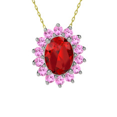 Garnet ve pembe kuvars 8 ayar beyaz altın kolye (40 cm altın rolo zincir)
