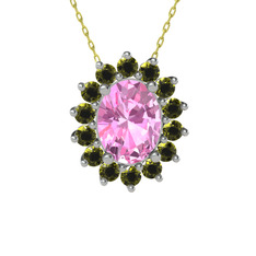 Eda Kolye - Pembe kuvars ve peridot 18 ayar beyaz altın kolye (40 cm altın rolo zincir) #1qraa58