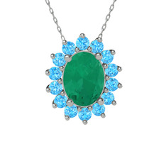 Kök zümrüt ve akuamarin 18 ayar beyaz altın kolye (40 cm gümüş rolo zincir)