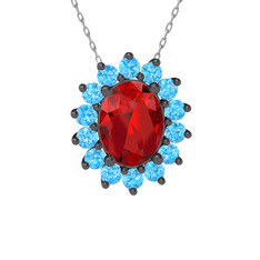 Eda Kolye - Garnet ve akuamarin 925 ayar siyah rodyum kaplama gümüş kolye (40 cm beyaz altın rolo zincir) #1r18y2y