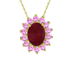 Eda Kolye - Kök yakut ve pembe kuvars 8 ayar altın kolye (40 cm altın rolo zincir) #1r2w2cz