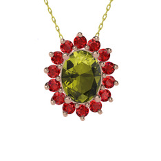 Peridot ve garnet 18 ayar rose altın kolye (40 cm altın rolo zincir)